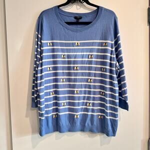New Talbots Sweater Blue Striped Crew Neck Embroidered Bee Long Sleeve Sz 2X